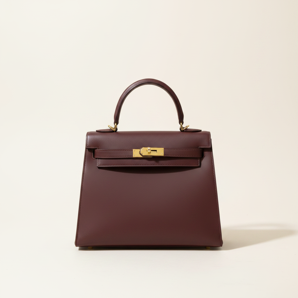 Burgundy structured handbag on a warm white studio background