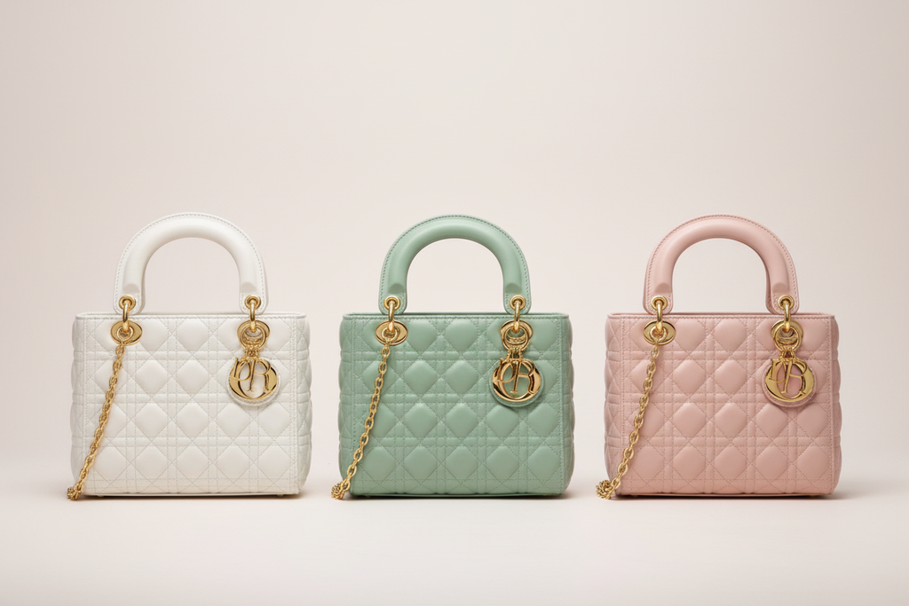 Dior quilted handbag shown in white, green, and pink with gold-tone hardware