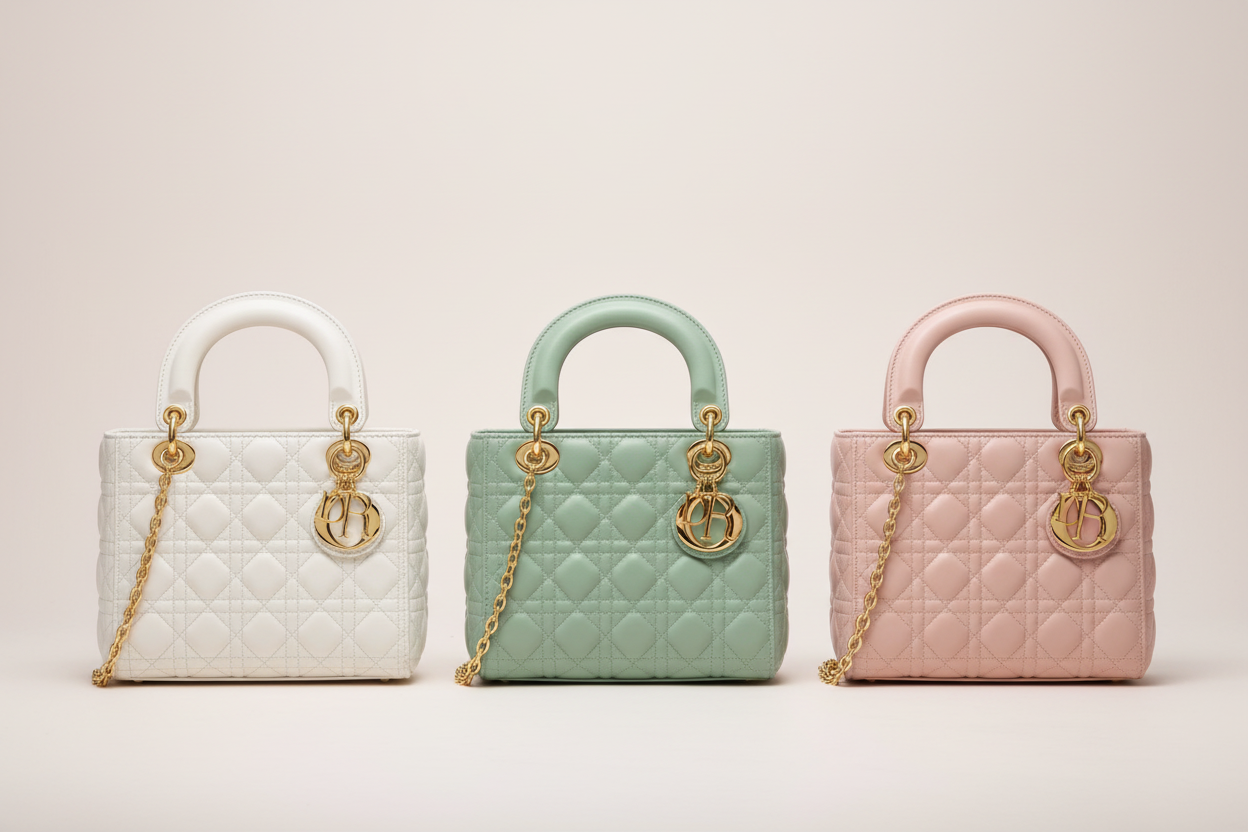 Dior quilted handbag shown in white, green, and pink with gold-tone hardware